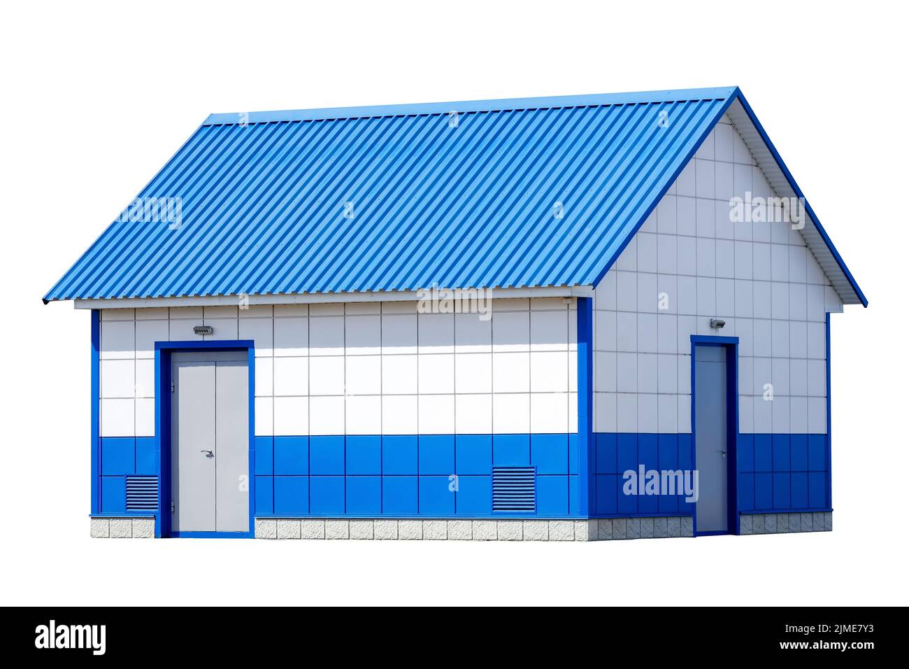 Si tratta di una sorta di nuova sala di produzione moderna fatta di piastrelle metalliche e di rivestimenti laterali. Casa modulare. Foto Stock