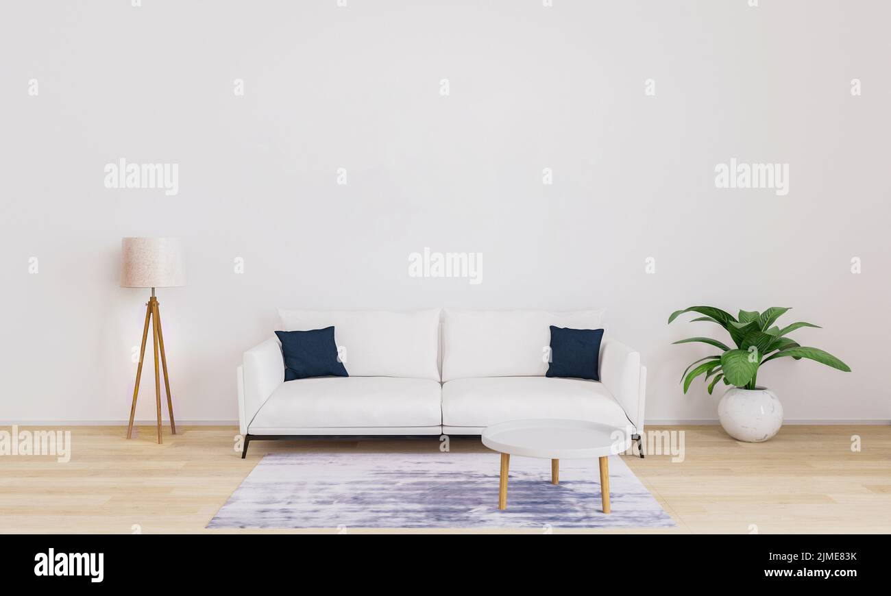 Luminoso soggiorno per mockup con divano bianco con cuscini blu scuro, moderna lampada bianca, pianta, tavolino da caffè. Soggiorno arredato r Foto Stock