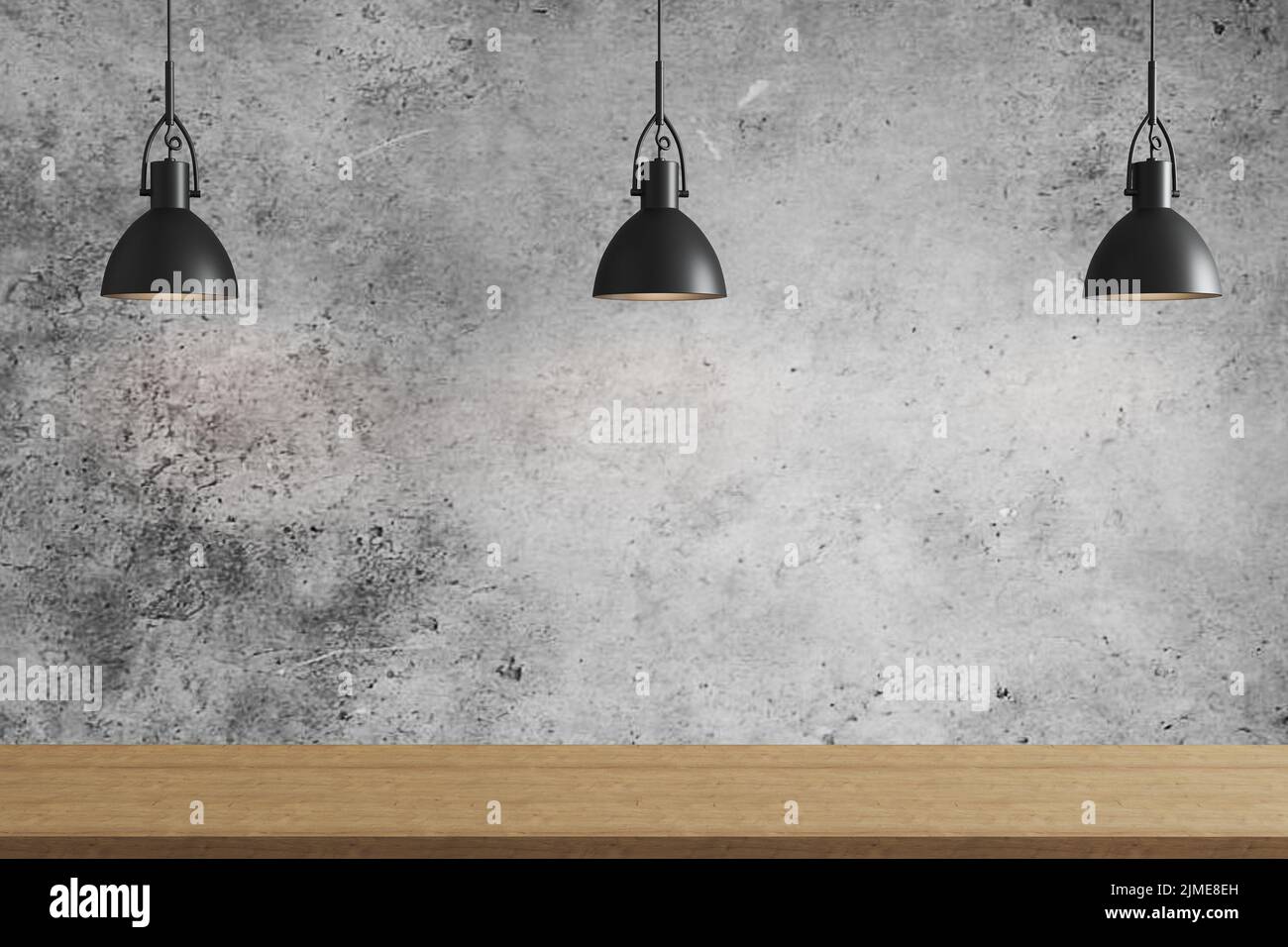 Tre luci a sospensione nere sopra la superficie in legno su sfondo grigio cemento, plafoniere, rendering 3D Foto Stock