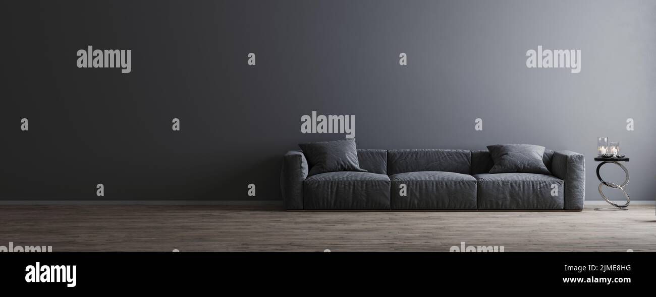 Soggiorno interno scena di design con divano grigio e parete grigia vuota su pavimento in legno, camera interna mock up, camera vuota interno Foto Stock