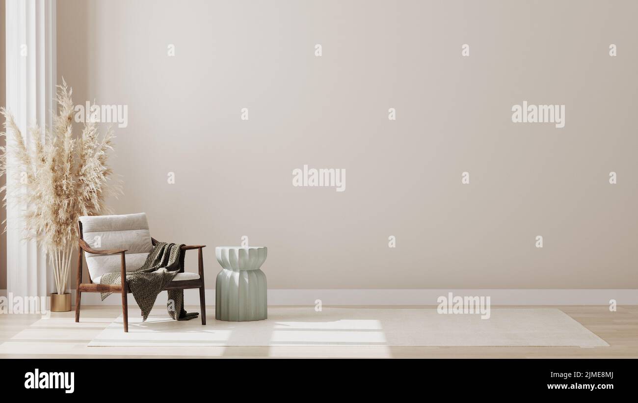 Interni minimalisti e moderni, soggiorno in stile scandinavo, mockup a parete vuota, rendering 3d Foto Stock