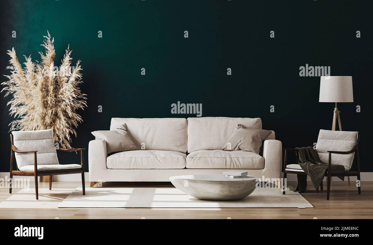 Interni Emerald room, mockup interno soggiorno, parete smeraldo vuota, rendering 3d Foto Stock