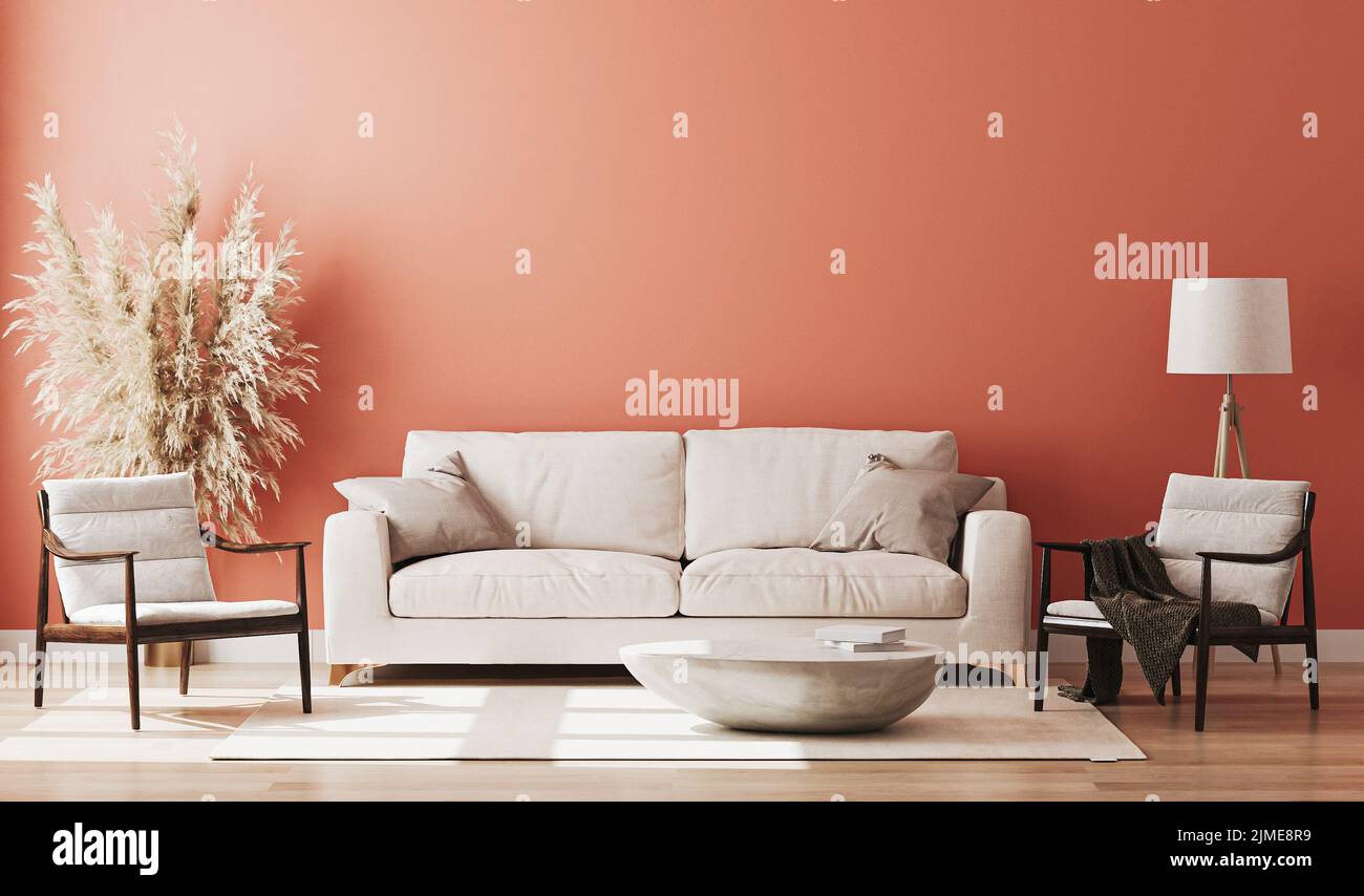 Interni in stanza rossa, mockup interno soggiorno, parete rossa vuota, rendering 3d Foto Stock