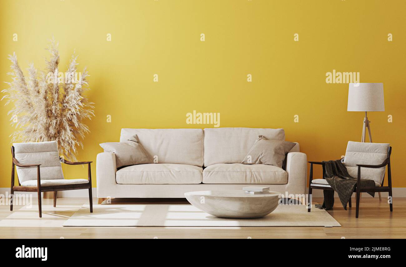 Interno della stanza giallo, mockup interno del soggiorno, parete gialla vuota, rendering 3d Foto Stock