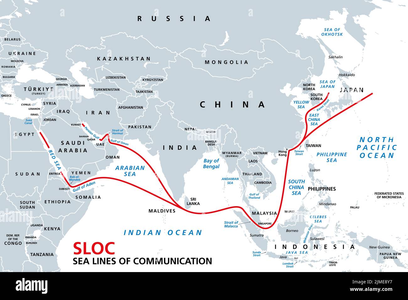 Indo-Pacific Major Energy SLOCS mappa politica. Linee di comunicazione geopoliticamente critiche per il mare. Rotte marittime primarie tra i porti. Catena di approvvigionamento. Foto Stock