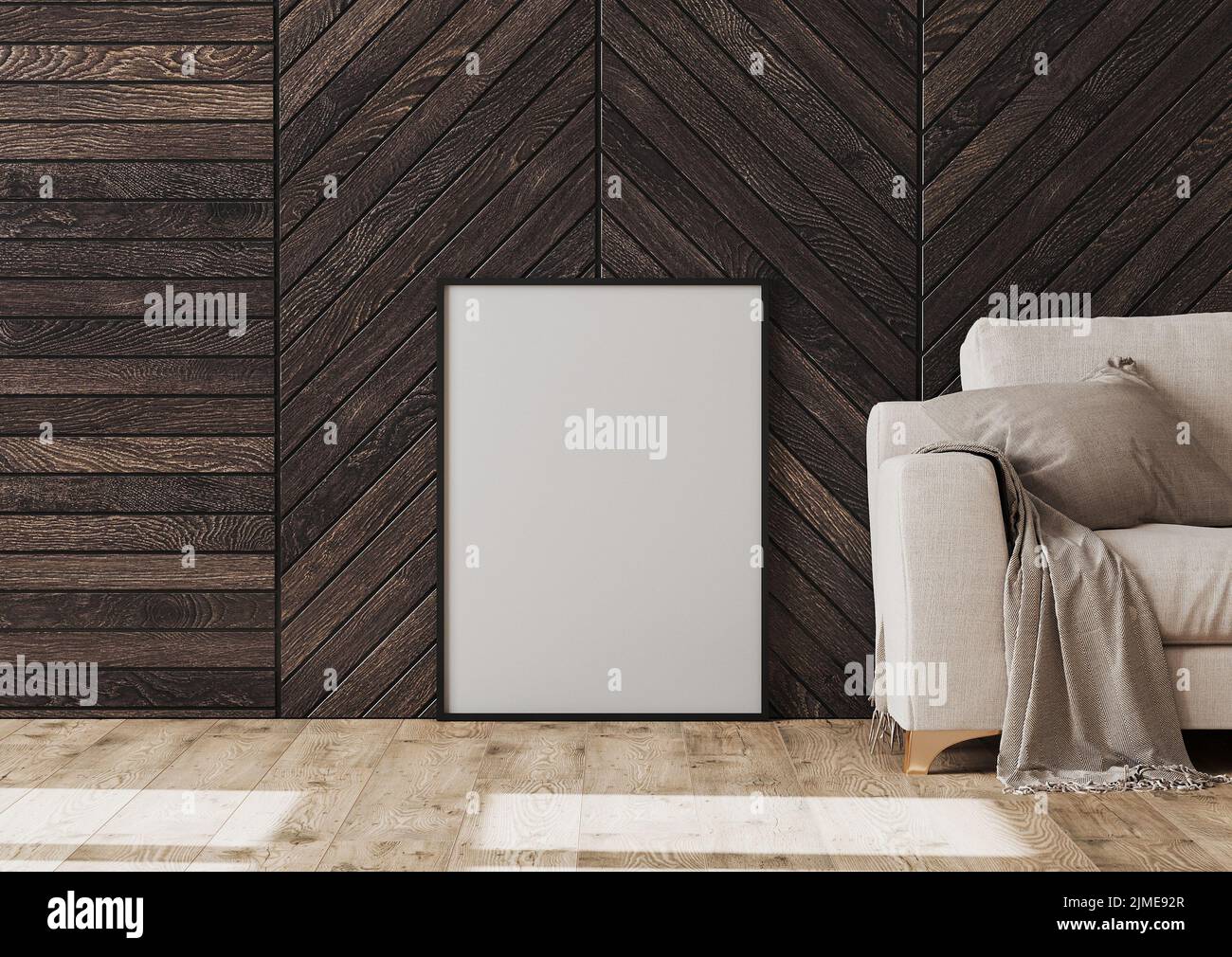 Cornice vuota mockup sul pavimento vicino al divano e parete di legno scuro, rendering 3d Foto Stock
