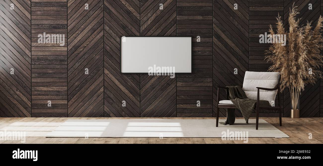 Quadro vuoto cornice mock up in vuoto moderno sfondo interno camera con pannello decorativo in legno sulla parete e sedia in legno w Foto Stock