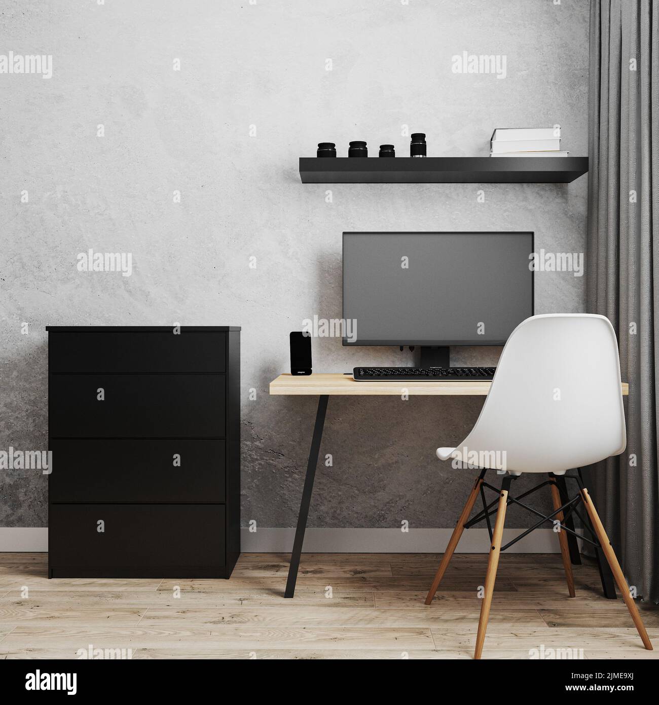 Posto di lavoro con PC su tavolo in legno stile loft con sedia bianca, cassettiera nera e parete grigia vuota, lavoro da casa concpe Foto Stock