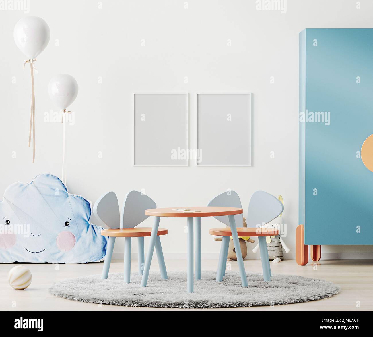 Cornice mock up in moderna sala giochi per bambini in stile scandinavo con tavolo e giocattoli, palloncini, giochi per bambini interni mock-up, 3D ren Foto Stock
