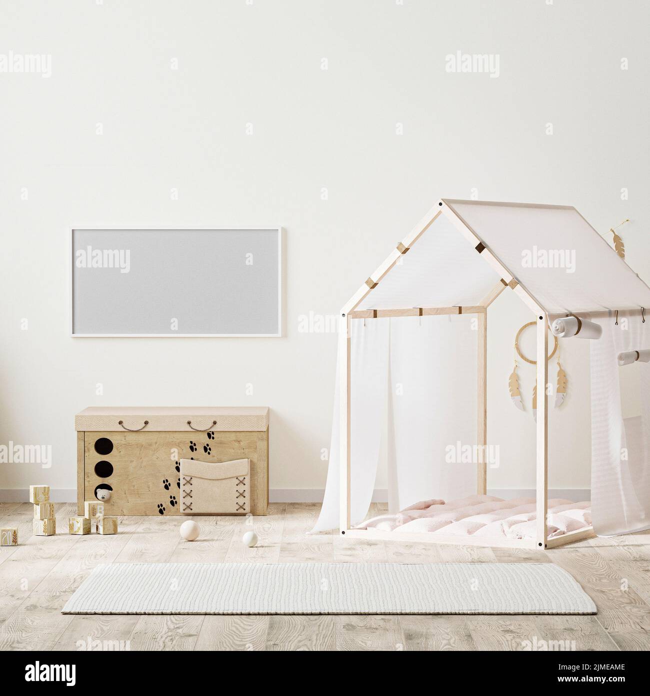 Struttura orizzontale mock up in stile indiano camera per bambini interno con tenda, cassettiera per bambini e giocattoli, 3D rendering Foto Stock