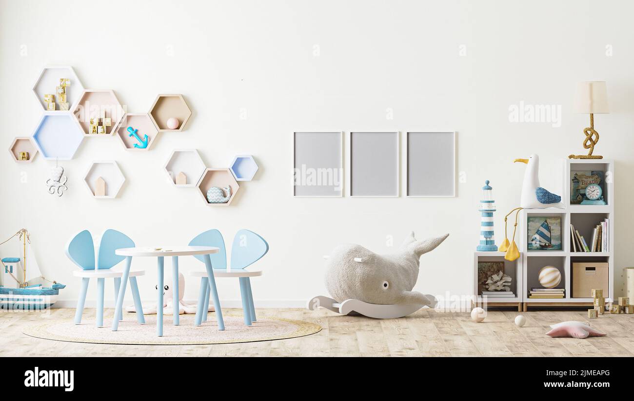 Poster frame mock up all'interno della sala giochi per bambini con giocattoli, mobili per bambini, tavolo con sedie, mensole, stile scandinavo, Foto Stock