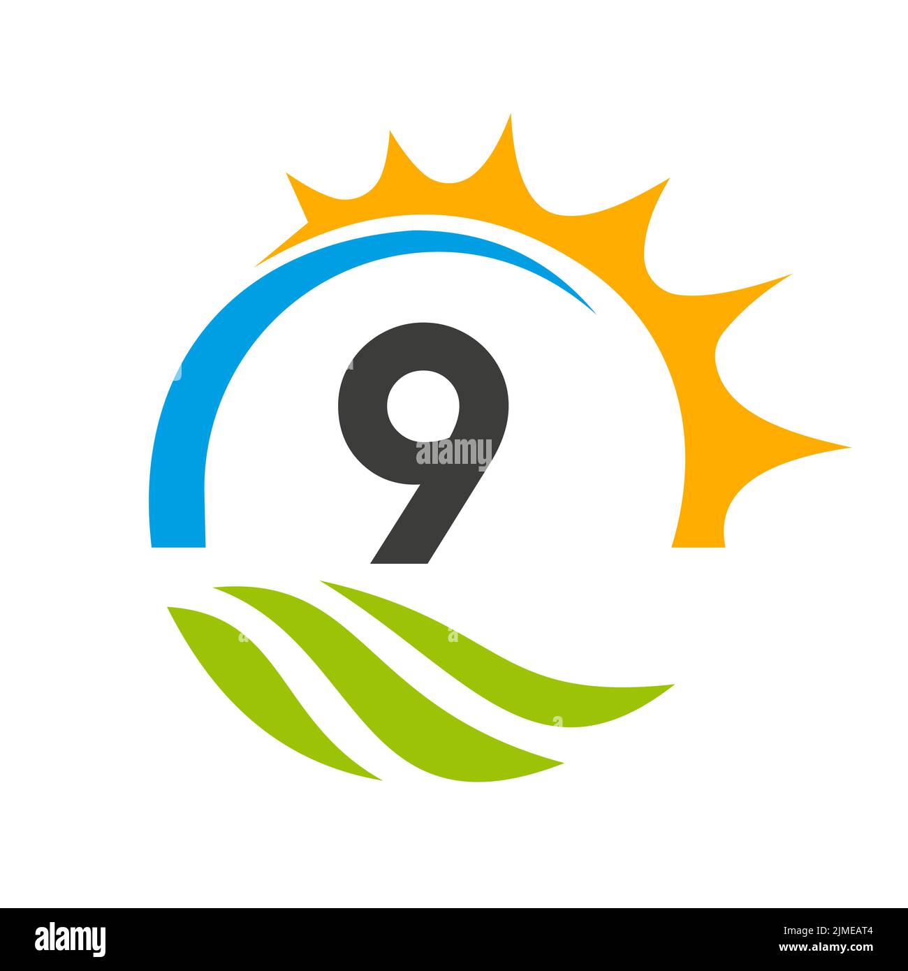 Modello vettoriale per il logo di Letter 9 Agriculture. Logo Agriculture con Green Field e Bright Sun Element Illustrazione Vettoriale