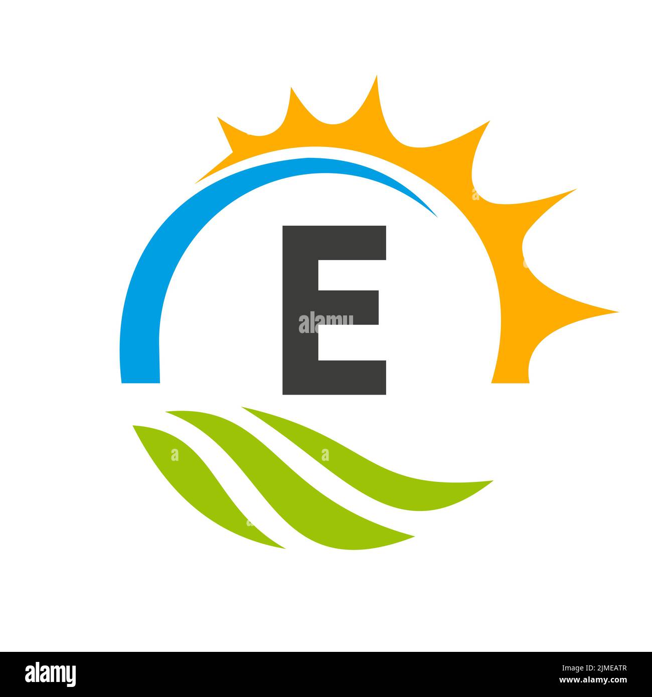 Modello vettoriale per il logo di Letter e Agriculture. Logo Agriculture con Green Field e Bright Sun Element Illustrazione Vettoriale