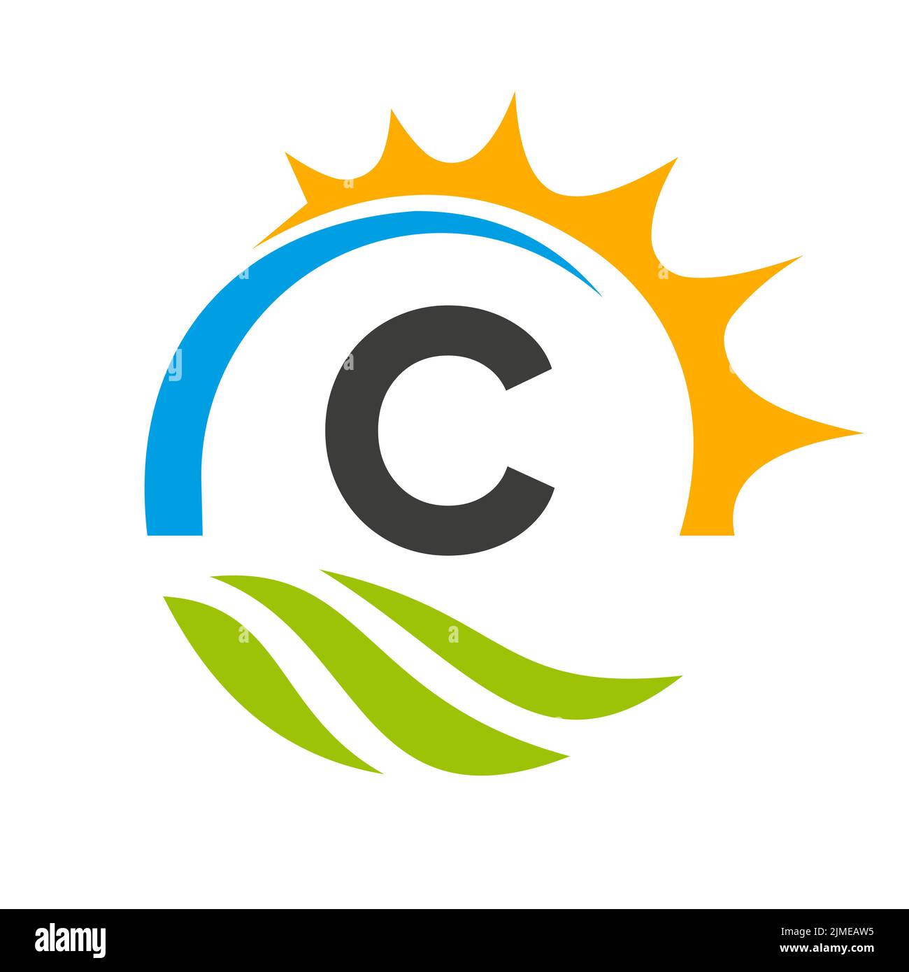 Modello vettoriale per il logo della lettera C Agriculture. Logo Agriculture con Green Field e Bright Sun Element Illustrazione Vettoriale