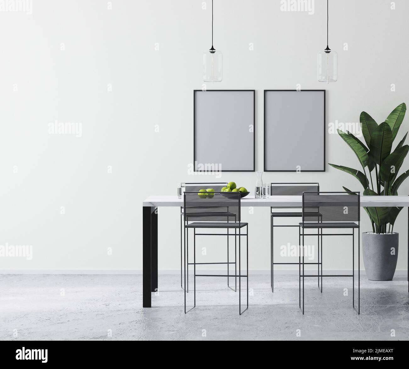 Le cornici a baldacchino si mimano nei moderni e luminosi interni delle camere bianche con un tavolo da bar e sgabelli da bar contemporanei, minimalisti scandinavi Foto Stock