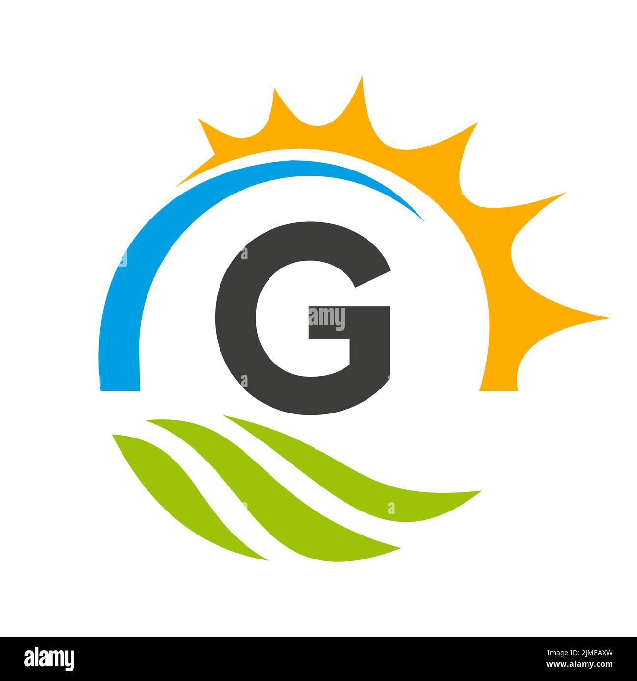 Modello vettoriale per il logo di Letter G Agriculture. Logo Agriculture con Green Field e Bright Sun Element Illustrazione Vettoriale