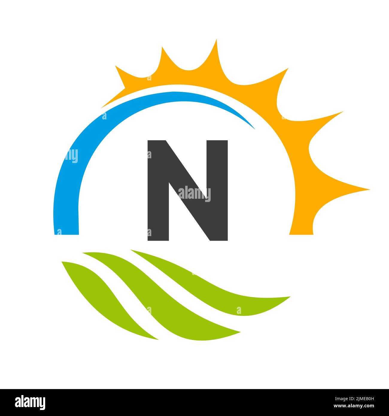 Modello vettoriale per il logo di Letter N Agriculture. Logo Agriculture con Green Field e Bright Sun Element Illustrazione Vettoriale