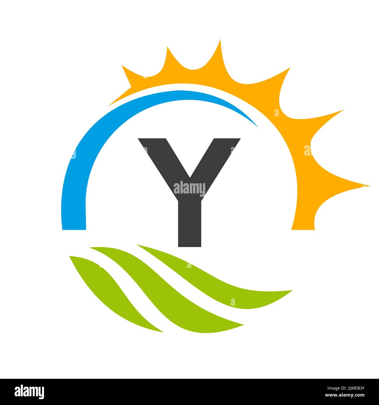 Modello vettoriale per il logo di Letter Y Agriculture. Logo Agriculture con Green Field e Bright Sun Element Illustrazione Vettoriale