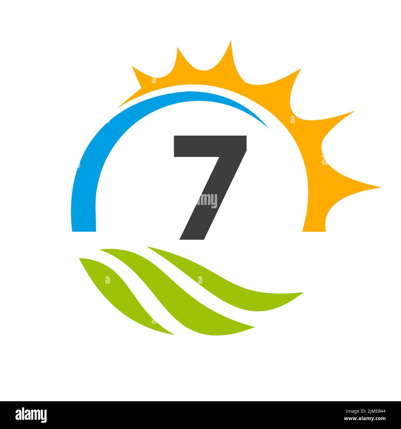 Modello vettoriale per il logo di Letter 7 Agriculture. Logo Agriculture con Green Field e Bright Sun Element Illustrazione Vettoriale