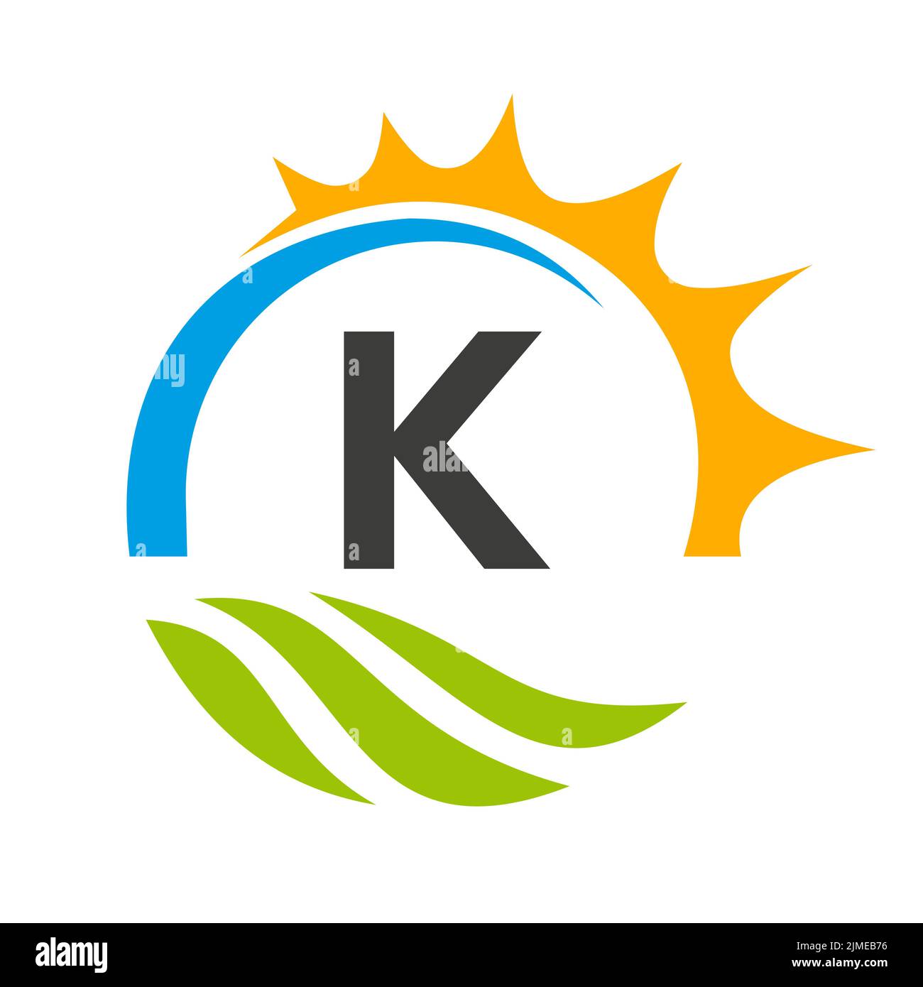 Modello vettoriale per il logo di Letter K Agriculture. Logo Agriculture con Green Field e Bright Sun Element Illustrazione Vettoriale