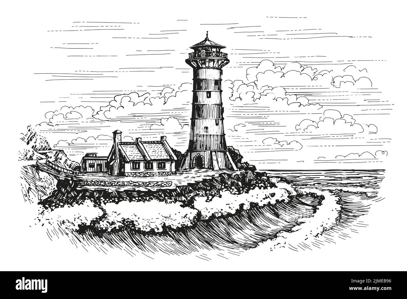 Faro su schizzo di spiaggia. Seascape, casa di luce, edificio segnale sul mare. Illustrazione vettoriale vintage Illustrazione Vettoriale