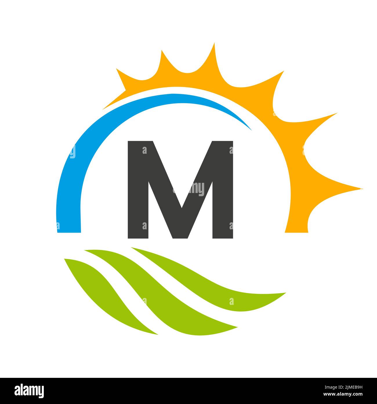Modello vettoriale per il logo di Letter M Agriculture. Logo Agriculture con Green Field e Bright Sun Element Illustrazione Vettoriale