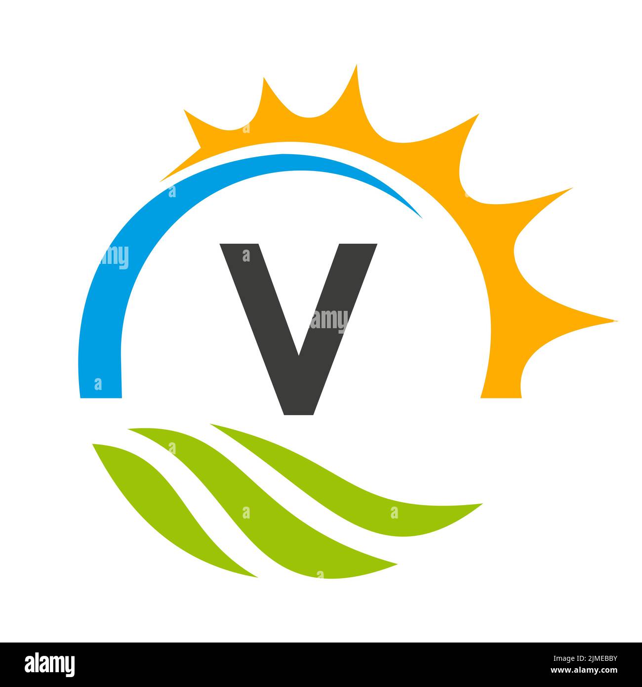 Modello vettoriale per il logo di Letter V Agriculture. Logo Agriculture con Green Field e Bright Sun Element Illustrazione Vettoriale