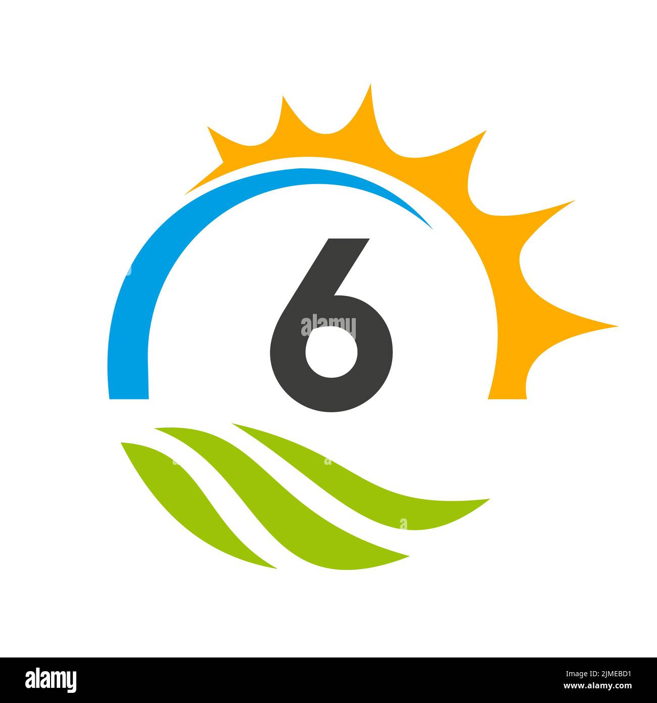 Modello vettoriale per il logo di Letter 6 Agriculture. Logo Agriculture con Green Field e Bright Sun Element Illustrazione Vettoriale