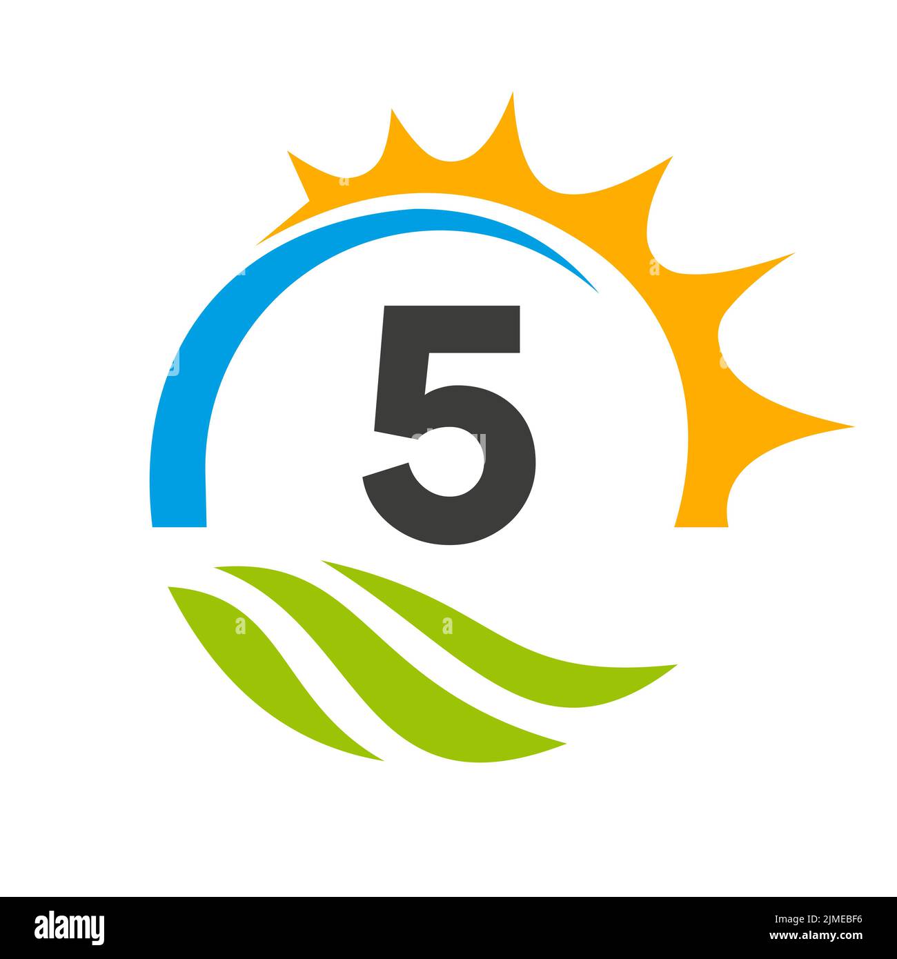 Modello vettoriale per il logo di Letter 5 Agriculture. Logo Agriculture con Green Field e Bright Sun Element Illustrazione Vettoriale