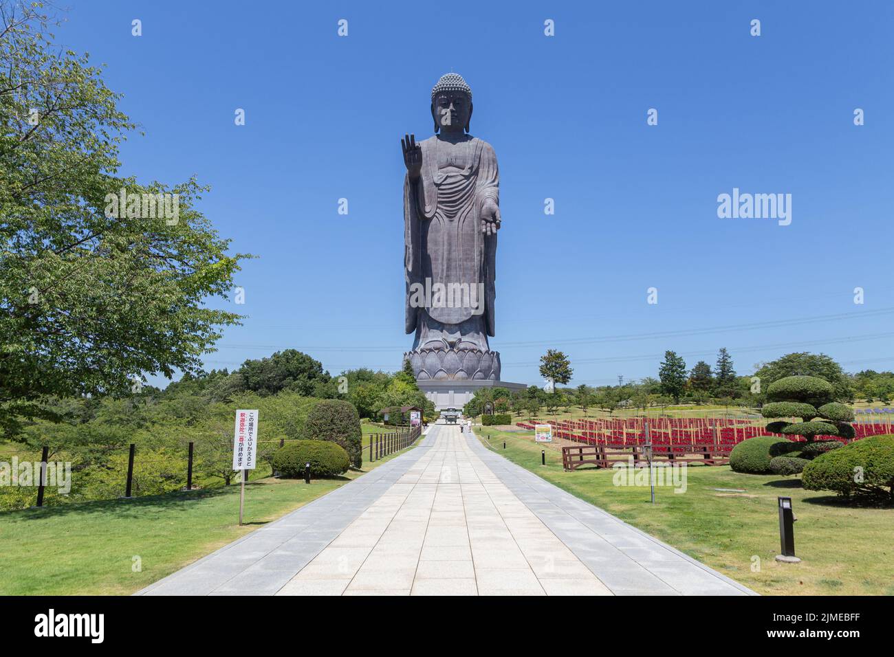 Ushiku, Ibaraki, Giappone, 6th agosto 2014, Un'immagine grandangolare e percorso del buddha più grande, Ushiku Daibutsu a Ibaraki, Giappone Foto Stock