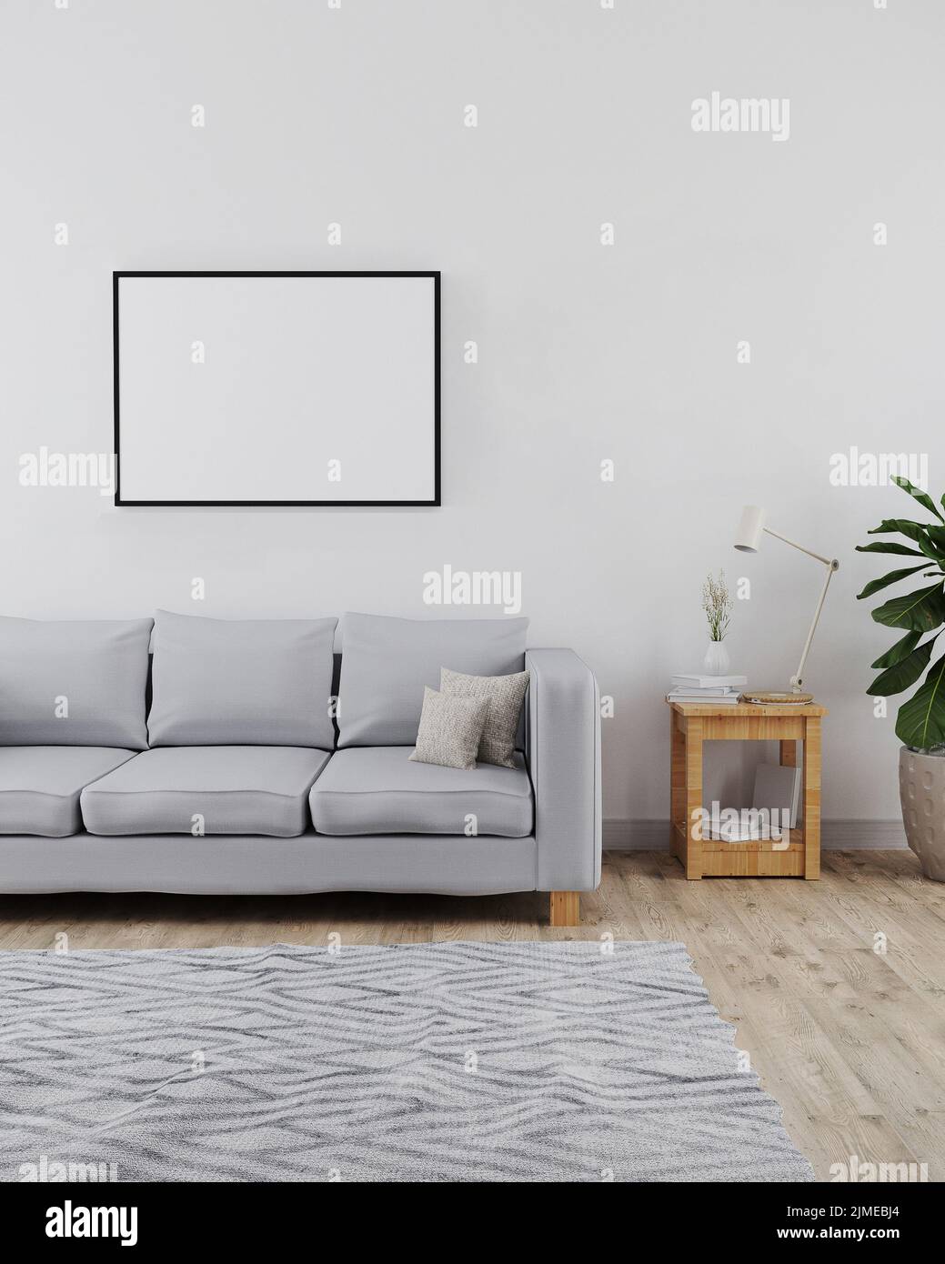 Cornice orizzontale mockup in interni moderni e minimalisti del soggiorno con divano, parete bianca e pavimento in legno con gre Foto Stock