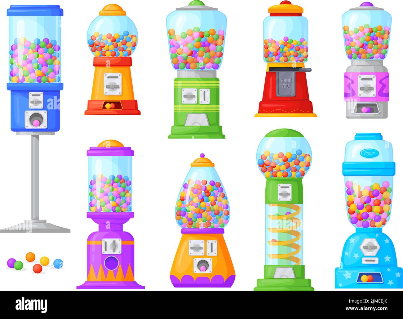 Macchine di bubblegum. Gumball macchina bubble gum dispenser o cartone animato pieno gashapon capsule bambini giocattoli, distributore automatico contenitore dolci palle palle penny moneta, vettore illustrazione di bubblegum dispensa Illustrazione Vettoriale