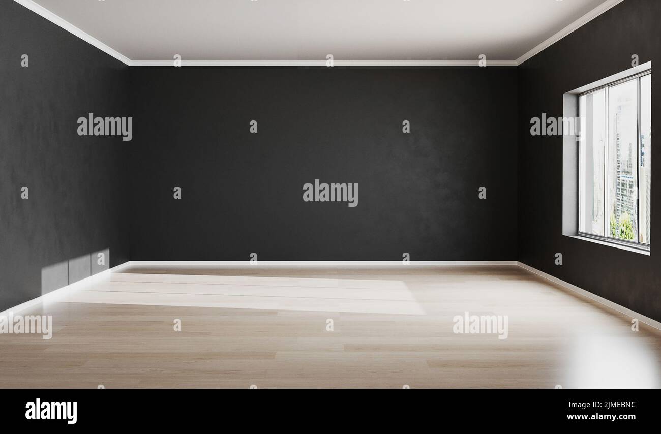 Camera vuota con parete nera per mockup. Sfondo nero. Spazio vuoto. rendering 3d. Foto Stock