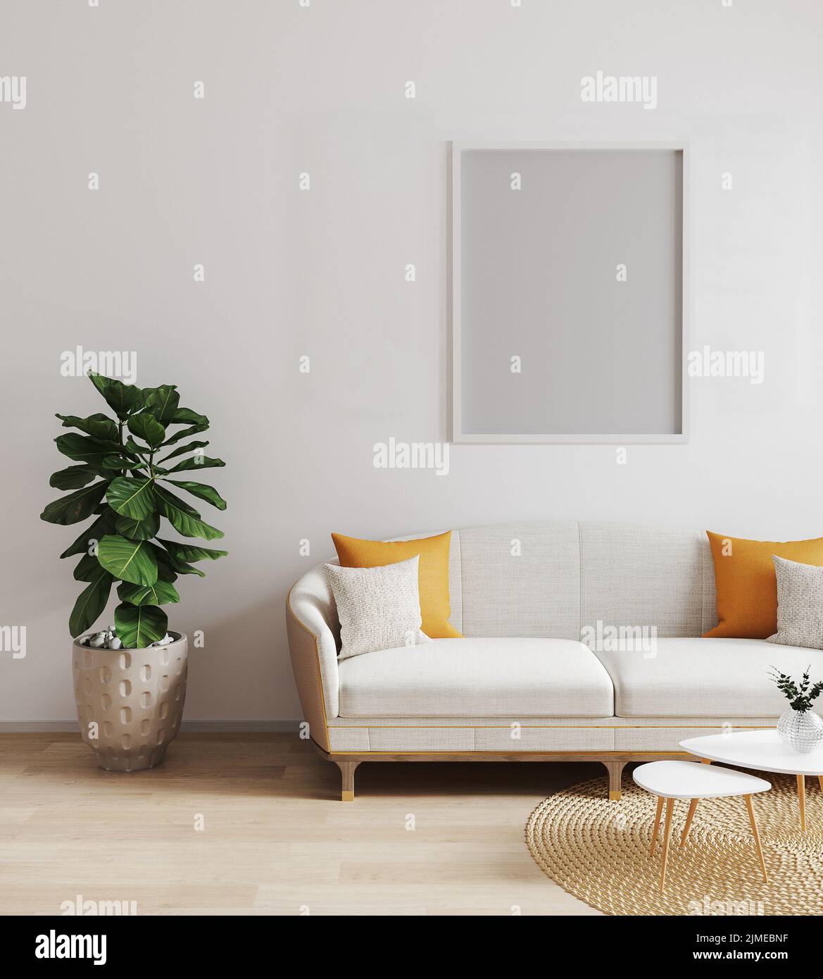 Cornice per poster in stile scandinavo con sfondo interno moderno, salotto, rendering 3d, illustrazione 3d Foto Stock