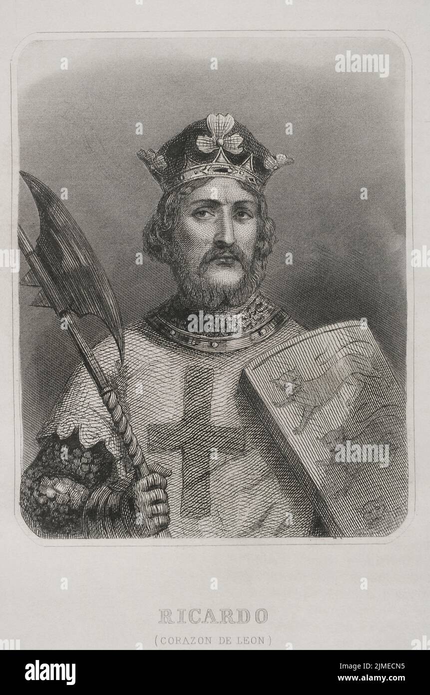 Richard i (1157-1199). Re d'Inghilterra (1189-1199), soprannominato Richard il Lionheart. Casa di Plantagenet. Verticale. Incisione. "Historia Universal", di César Cantú. Volume III, 1855. Foto Stock