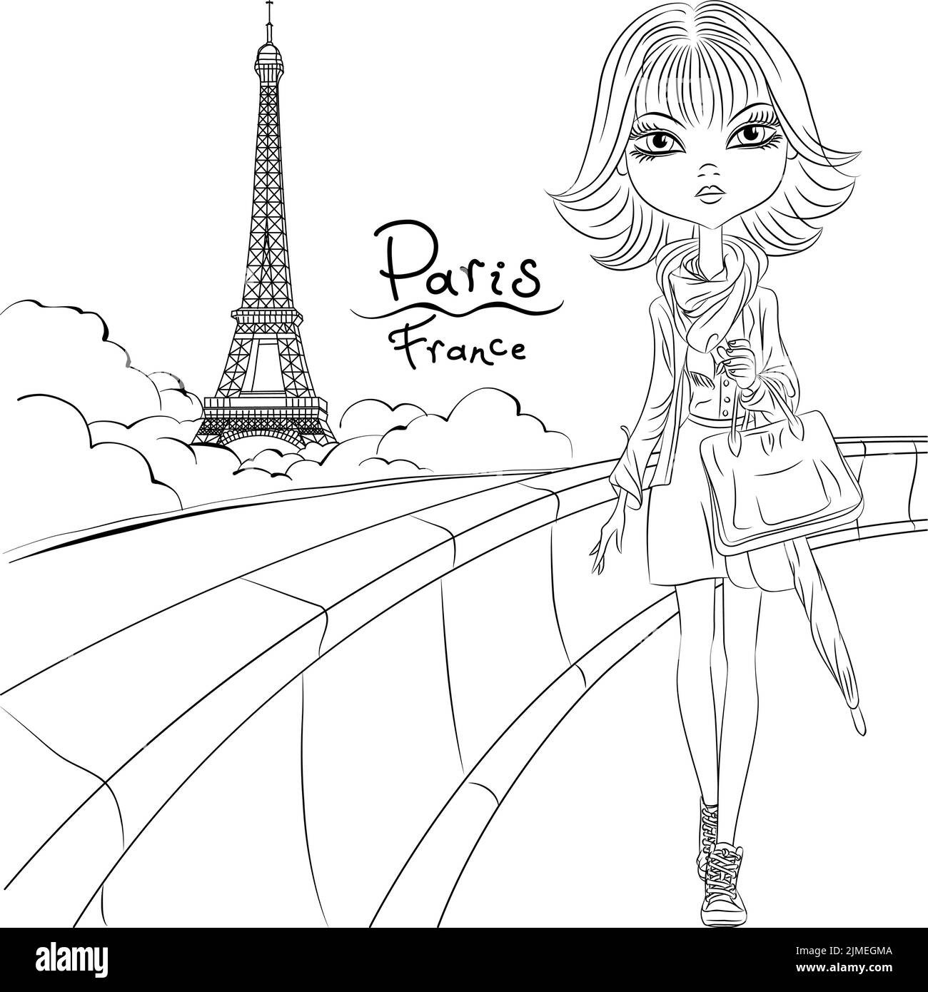 Bella ragazza a piedi con vista sulla Torre Eiffel a Parigi. Illustrazione in bianco e nero per libro da colorare. Illustrazione Vettoriale
