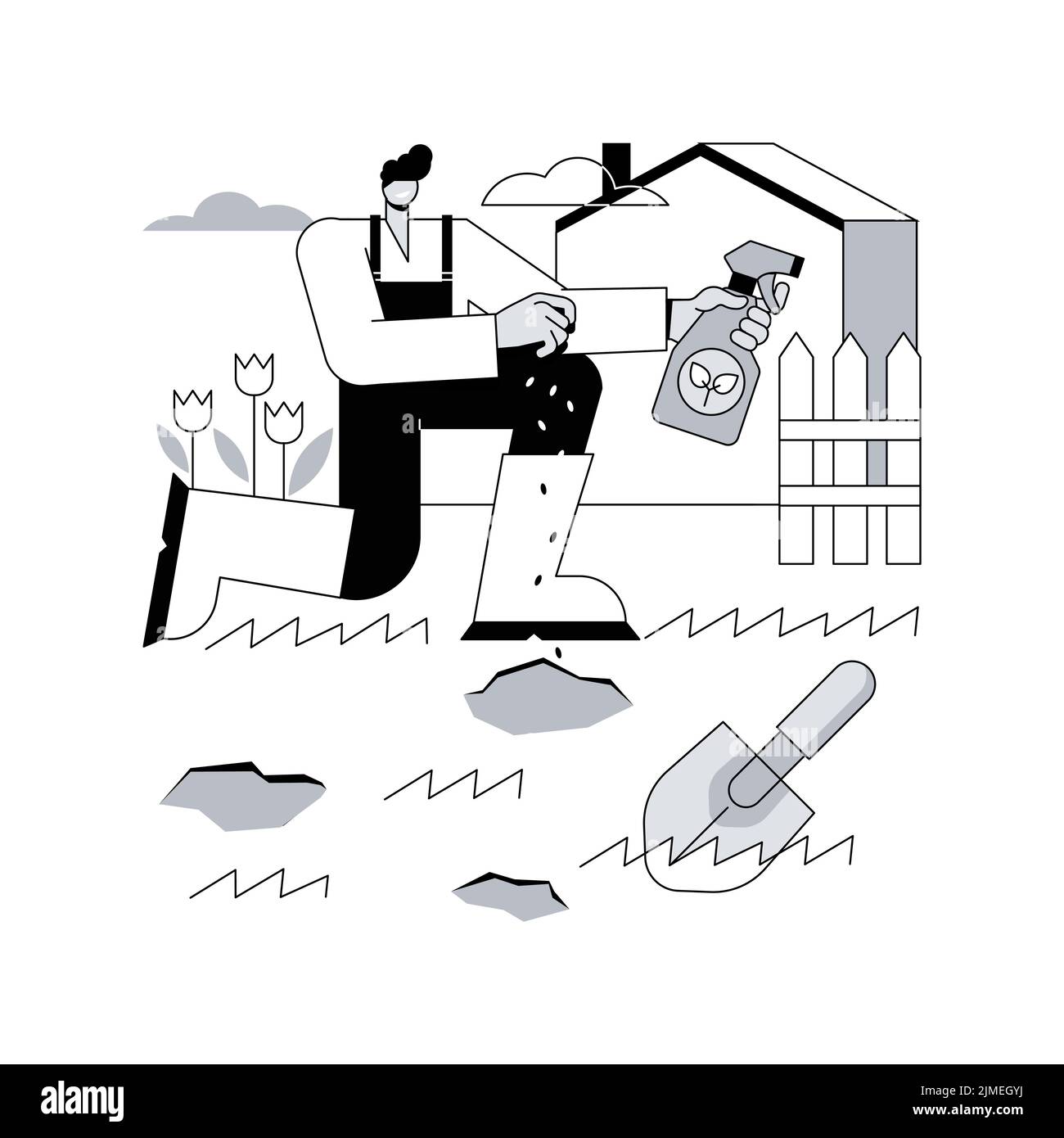 Illustrazione vettoriale del concetto astratto di riparazione del prato. Servizio di ristrutturazione, rimuovere paglia e muschio, prato senza erbacce, compattazione del suolo, zona radice, semi di erba, manutenzione del tappeto erboso, metafora astratta del cortile. Illustrazione Vettoriale