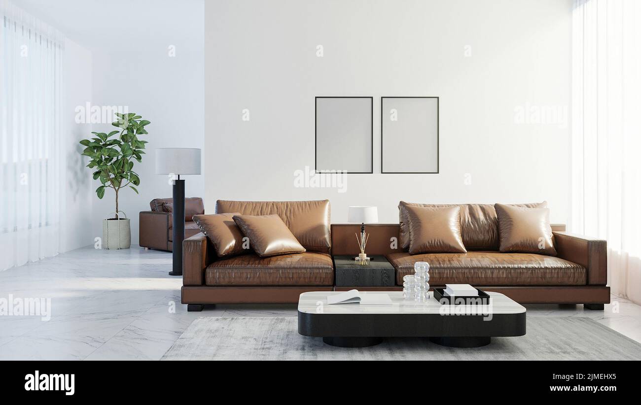 Le cornici bianche del poster si mimano in su negli interni del soggiorno di stile scandinavo, sullo sfondo moderno dell'interno del soggiorno, in pelle marrone così Foto Stock