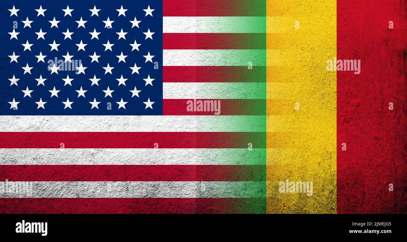 Bandiera nazionale degli Stati Uniti d'America (USA) con bandiera nazionale del Mali. Grunge sfondo Foto Stock