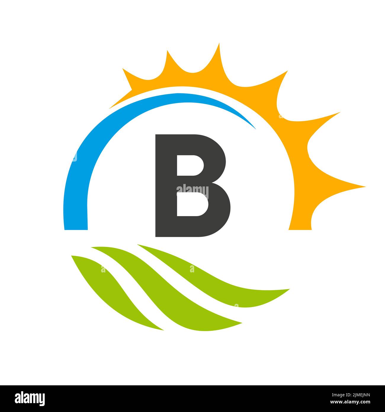 Modello vettoriale per il logo della lettera B Agriculture. Logo Agriculture con Green Field e Bright Sun Element Illustrazione Vettoriale