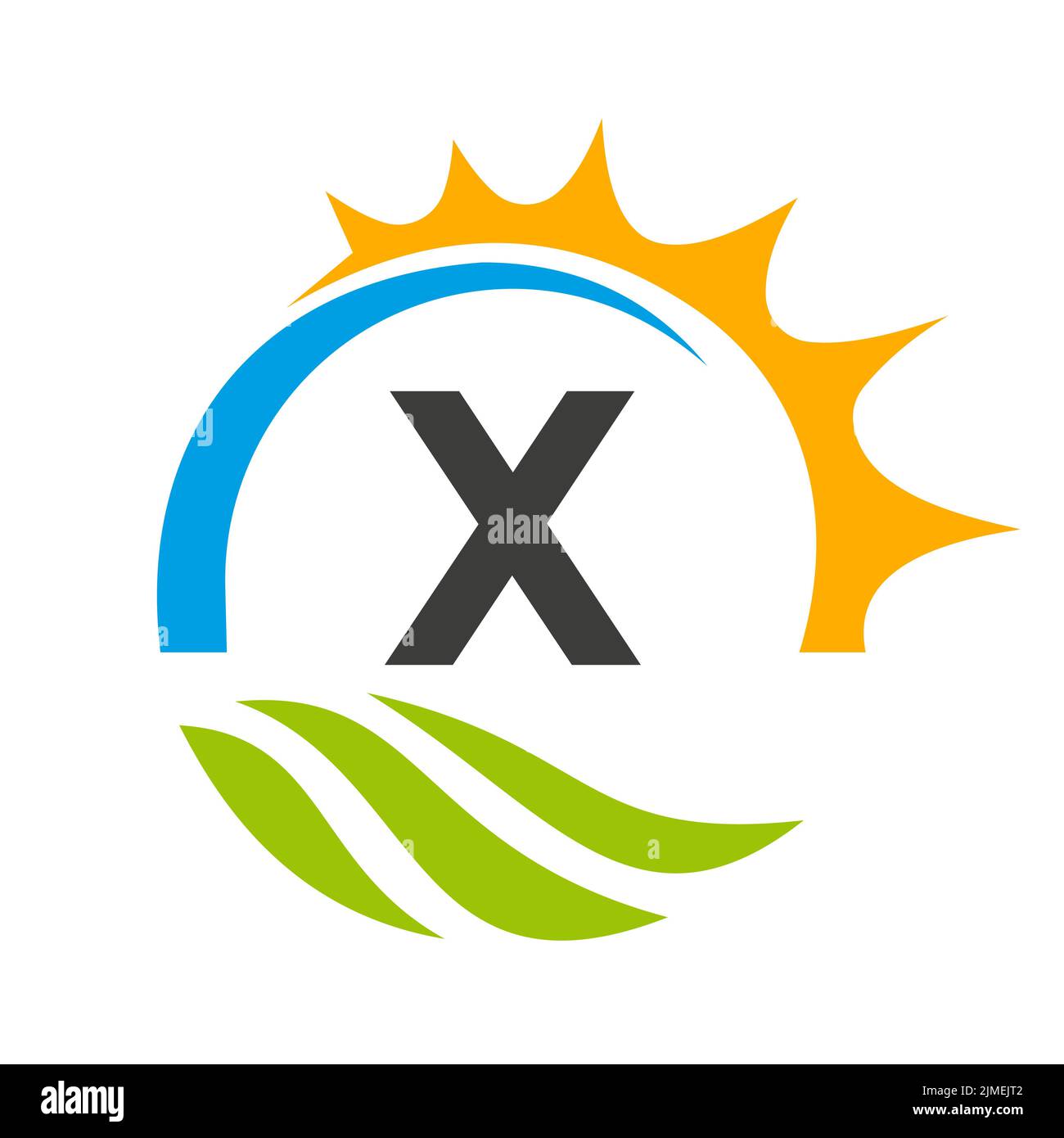 Modello vettoriale per il logo di Letter X Agriculture. Logo Agriculture con Green Field e Bright Sun Element Illustrazione Vettoriale