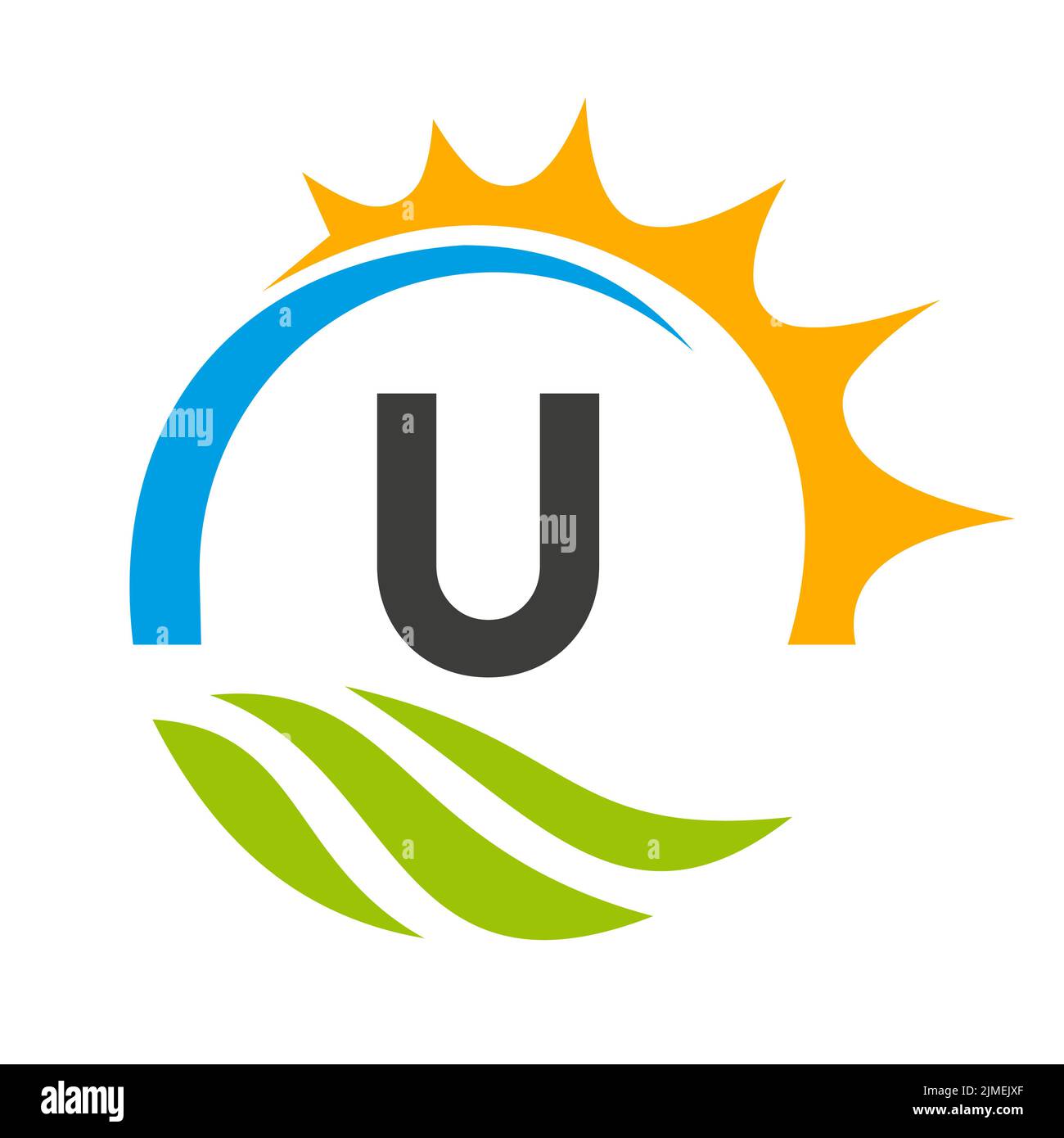 Modello vettoriale con logo per l'agricoltura Letter U. Logo Agriculture con Green Field e Bright Sun Element Illustrazione Vettoriale
