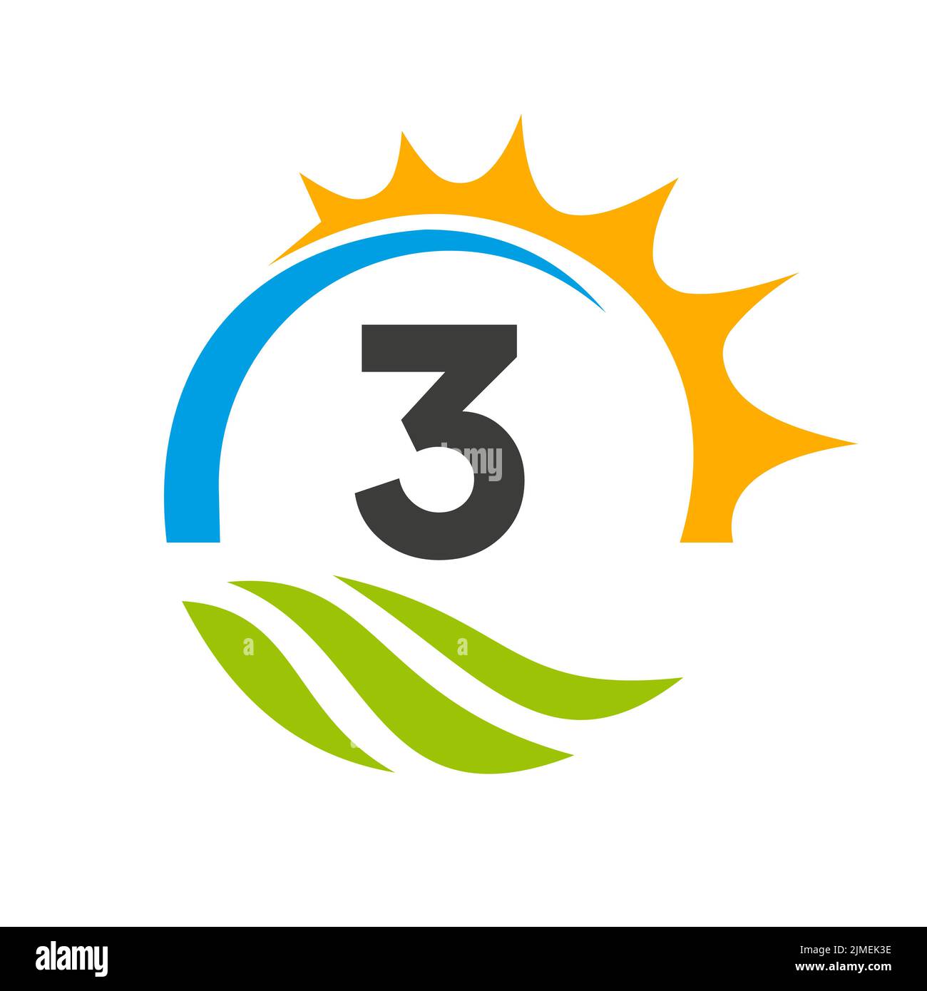 Modello vettoriale per il logo di Letter 3 Agriculture. Logo Agriculture con Green Field e Bright Sun Element Illustrazione Vettoriale