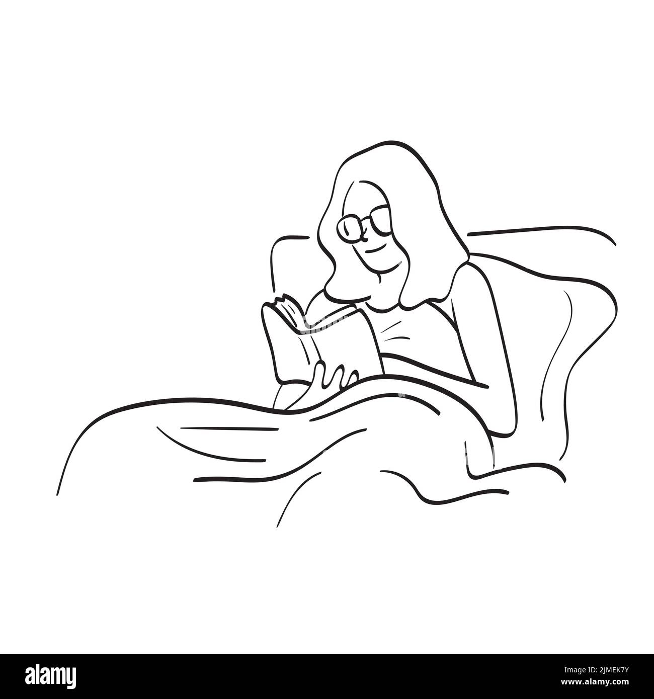 line donna d'arte con occhiali lettura libro in camera da letto di notte illustrazione vettore disegnato a mano isolato su sfondo bianco Illustrazione Vettoriale