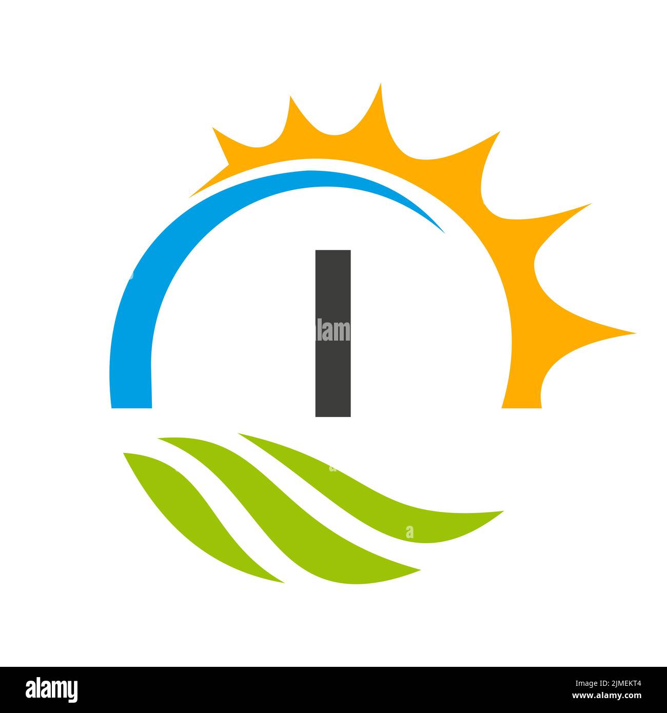 Lettera i modello vettoriale del logo dell'agricoltura. Logo Agriculture con Green Field e Bright Sun Element Illustrazione Vettoriale