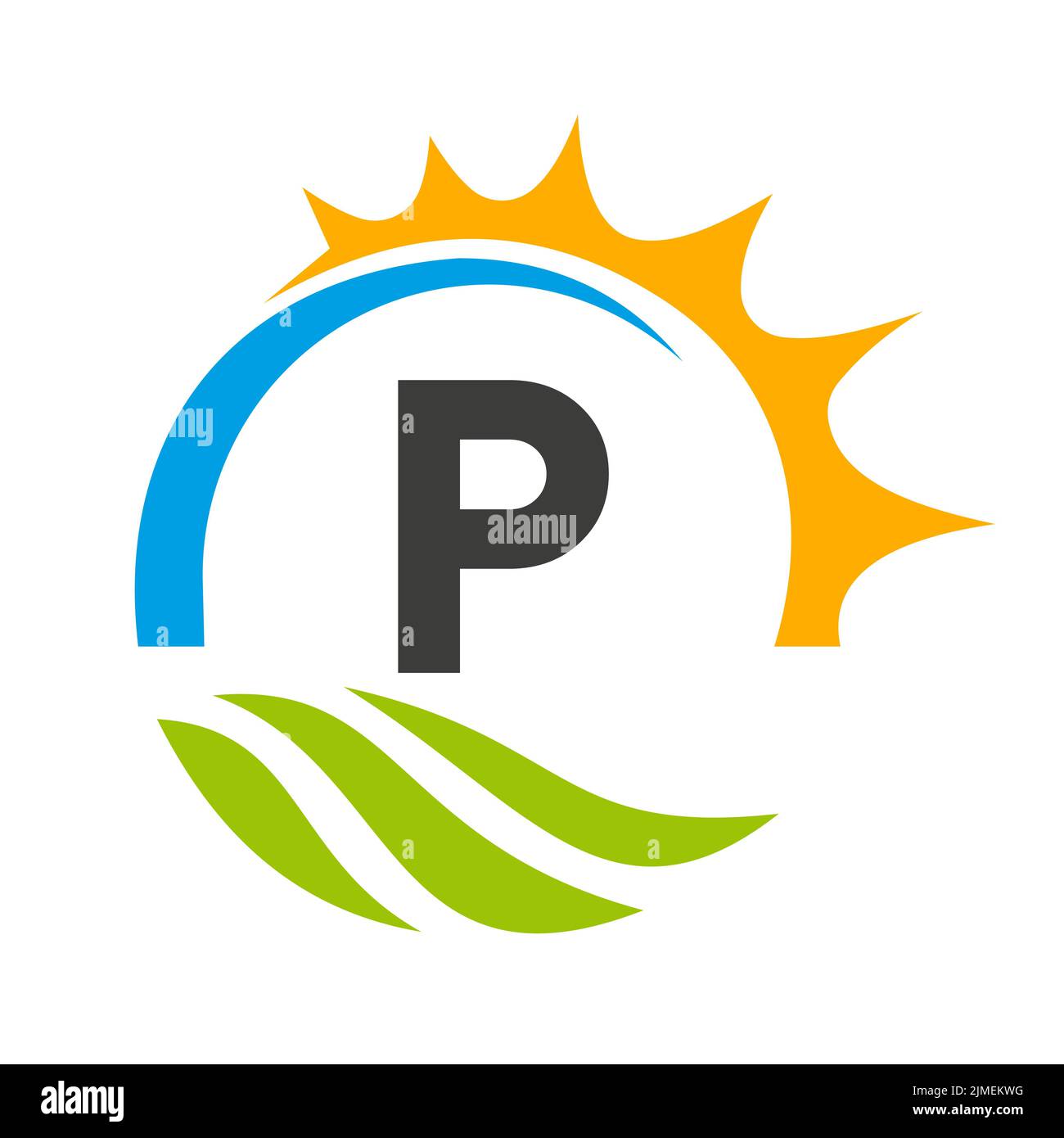 Modello vettoriale del logo di Letter P Agriculture. Logo Agriculture con Green Field e Bright Sun Element Illustrazione Vettoriale