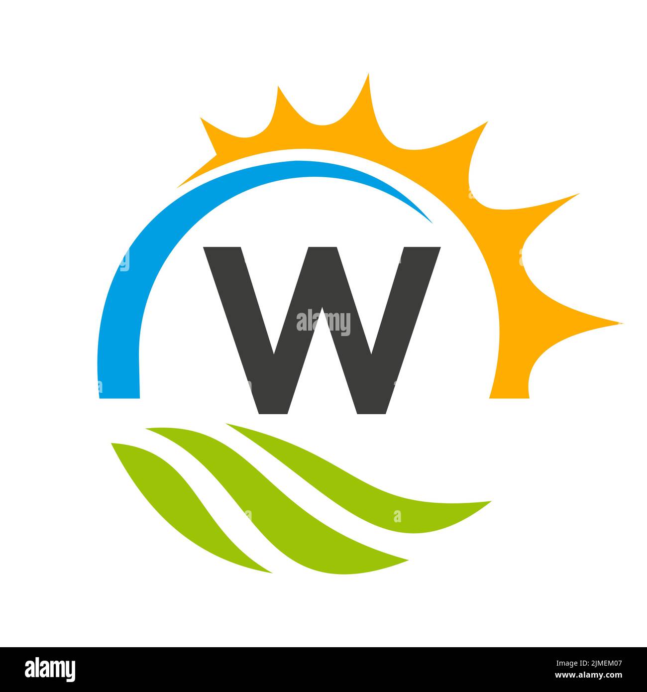 Modello vettoriale con logo di Letter W Agriculture. Logo Agriculture con Green Field e Bright Sun Element Illustrazione Vettoriale
