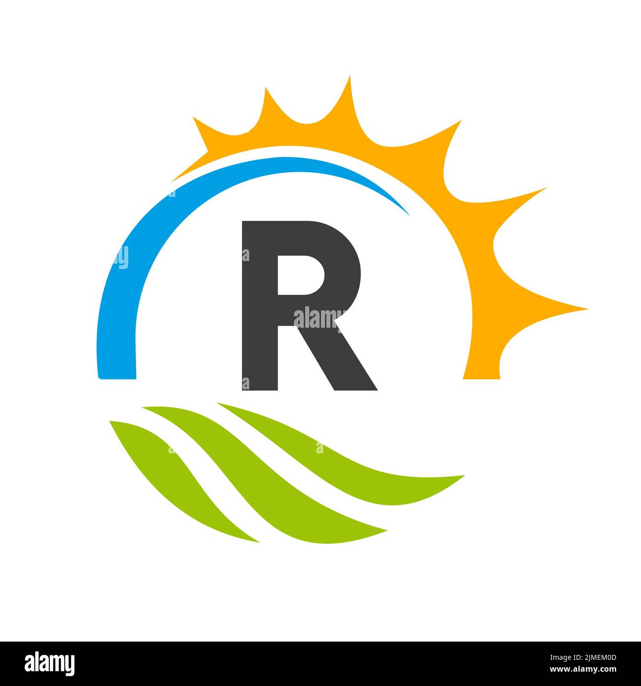 Modello vettoriale per il logo di Letter R Agriculture. Logo Agriculture con Green Field e Bright Sun Element Illustrazione Vettoriale