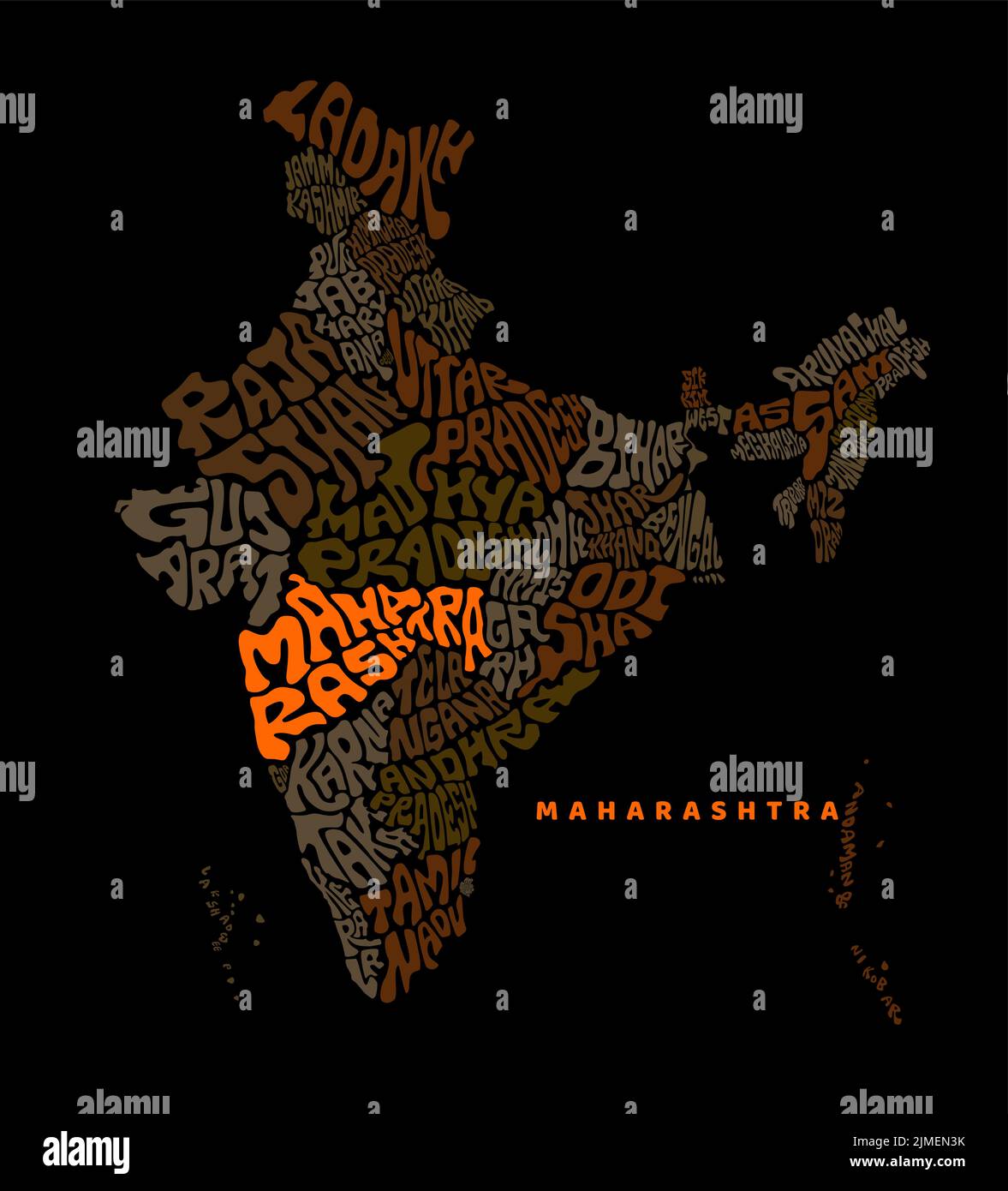 Scrittura della mappa Maharashtra con l'India. Scritta India Map con prominente mappa Maharashtra. Illustrazione Vettoriale