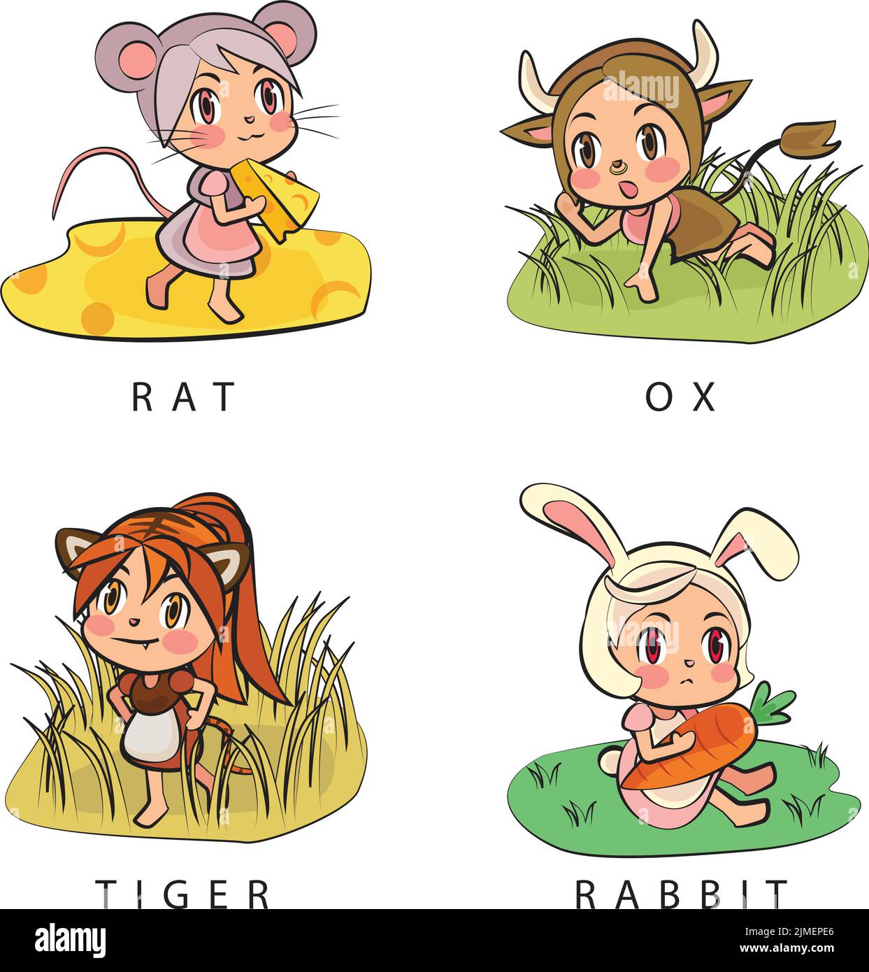 Un insieme di zodiacs cinesi illustrazioni colorate del cartone animato - coniglio della tigre del bue del ratto Illustrazione Vettoriale